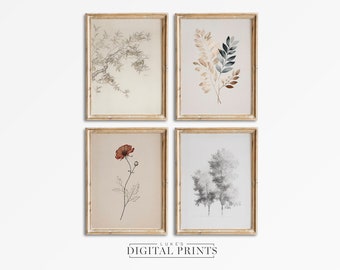 Antique Botanical Art Print SET Of 4 - Digital Download Collection - Floral Drawing Decor PRINTABLE Rustic Farmhouse Artworks