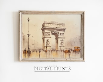 Arc de Triomphe Art Print - Digital Painting Download - Neutral Paris Landmark Artwork PRINTABLE French Architecture Wall Decor