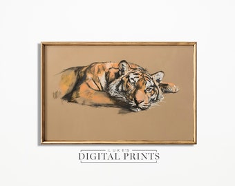 Tiger Art Wildlife Print - Digital Download - Minimalist African Animal Color Drawing PRINTABLE - Big Cat Laying Down Artwork Sketch