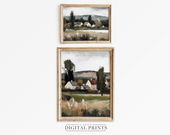 Country Landscape Art Print Set Of 2 - Digital Oil Painting Downloads - Rustic Farmhouse Artwork Bundle