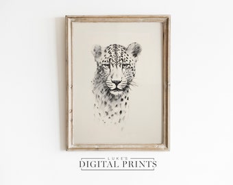 PRINTABLE Leopard Portrait - Digital Art Download - African Wildlife Sketch - Big Cheetah Cat Drawing Print