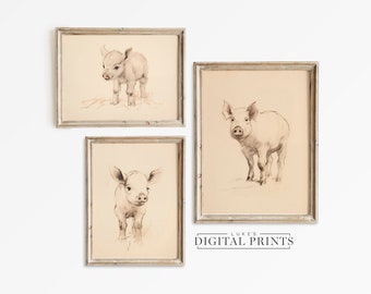Lindo cerdo dibujo arte impresión conjunto de 3 - Descargas digitales - Paquete de granja neutral IMPRIMIBLE de Farm Animal Sketch