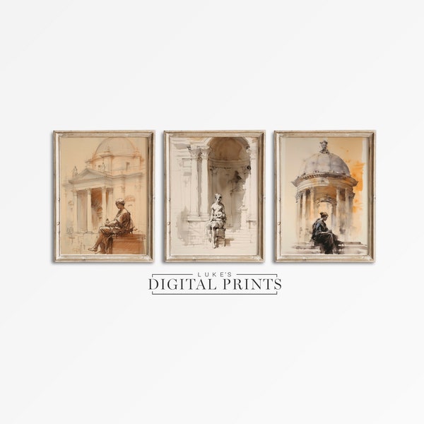 Klassiek Rome Portrait Art Print Set van 3 - Digitale downloadcollectie - Oude historische architectuurschilderijen AFDRUKBAAR