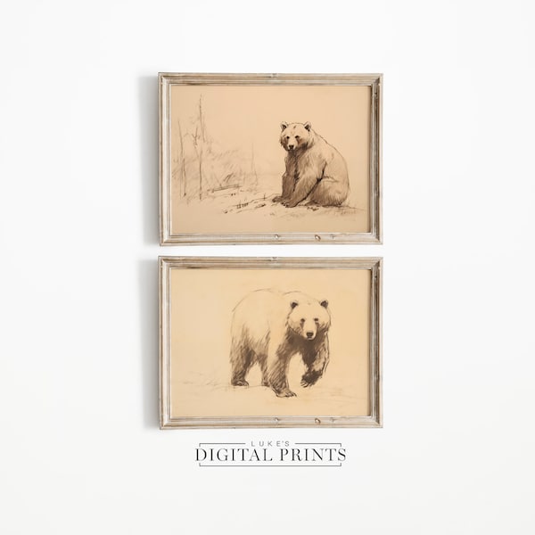 Set van 2 Vintage Grizzly Bear Sketch Prints - Digital Art Download Bundle - American Wildlife Tekeningen AFDRUKBARE Muurdecoratie