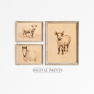 Farm Animals Drawing Print Set Of 3 - Digital Art Downloads - Vintage Farmhouse Sketch&#39;s PRINTABLE Pig, Cow & Horse Artwork