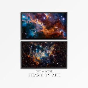 May include: Two framed digital prints of colorful nebulae with stars against a dark background. The prints are titled "LUKE'S DIGITAL PRINTS FRAME TV ART".