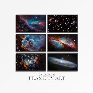 May include: A set of six framed space photographs, featuring colorful nebulae and galaxies. The frames are black and the images are vibrant and detailed. The text "Luke's Digital Prints" and "Frame TV Art" are visible at the bottom of the image.