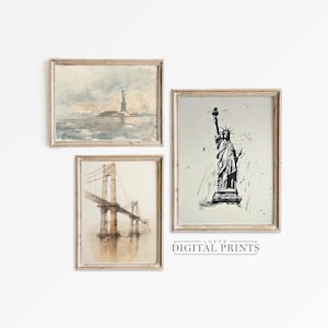 American City Skyline Painting Print Set - Digital Download Bundle - New York Landmark Wall Art PRINTABLE - Golden Gate Bridge Modern Art