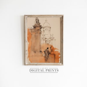 Minimalist Rome Architecture Watercolor Art Print - Digital Download - Abstract Classical Cityscape - Landscape Drawing Wall Decor