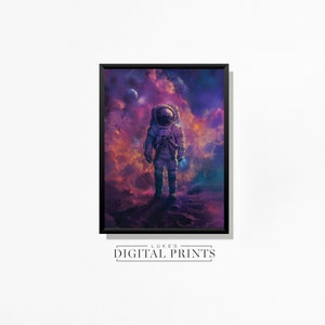 Astronaut In Space Print - Digital Download - Modern Art Spaceman Painting PRINTABLE Outer Space Moody Purple Wall Decor