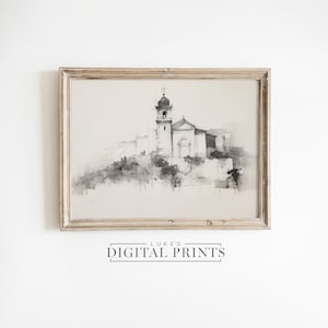 Minimalistische architectuur tekening Art Print - digitale download - rustieke Italiaanse stad schets AFDRUKBARE gedempte afbeelding