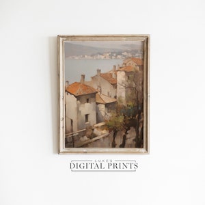 European Village Landscape Painting Art Print - Digital Download - Warm Tonal Architectural Building Decor PRINTABLE Artwork