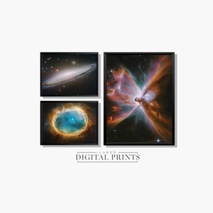 Puede incluir: Tres impresiones digitales de nebulosas espaciales. La impresión superior muestra una galaxia con forma de espiral. La impresión del medio muestra una nebulosa con un centro azul brillante rodeado por un anillo naranja. La impresión inferior muestra una nebulosa con forma de mariposa con colores rojo, naranja y azul.