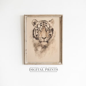Tiger Portrait Art Print - Digital Download - Big Cat Rustic Sketch - PRINTABLE Majestic African Wildlife Color Drawing Artwork