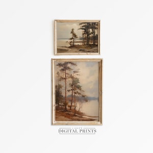 Lake Landscape Rustic Art Print Set Of 2 - Digital Downloads - Warn Tonal Artwork PRINTABLE Tree Painting Decor Gallery Set