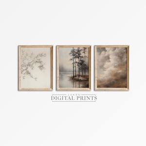 Rustic Muted Landscape Print Set Of Three - Digital Download Art Gallery - Vintage Neutral Branch Drawing PRINTABLE Wall Decor