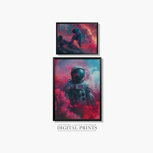 Vibrant Spaceman Poster Set Of 2 - Digital Print Download Collection - Cloudy Cosmic Space Wall Art PRINTABLE Pink Astronaut Paintings