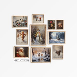 Christmas Print Gallery Set Of 10 PRINTABLE Winter Wall Decor - Digital Download Collection - Vintage Festive Bundle -  Snowy Xmas Paintings