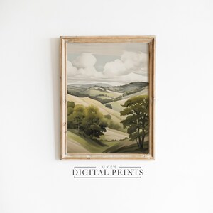 PRINTABLE Green Country Watercolor Painting - Digital Print Download - Spring Landscape Vintage Wall Art