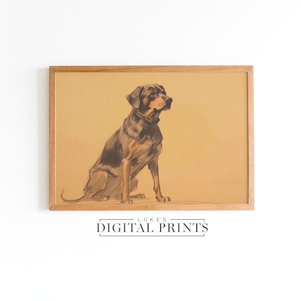 Rottweiler Sitting Artwork PRINTABLE - Digital Download - Rustic Cute Dog Wall Decor - Pet Rottie Sketch Drawing Art Print