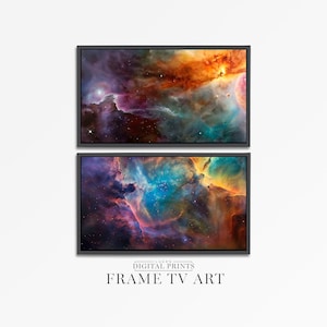 May include: Two framed digital prints of a colorful nebula with stars and galaxies. The prints are in a black frame and have the text "LUKE'S DIGITAL PRINTS FRAME TV ART" at the bottom.