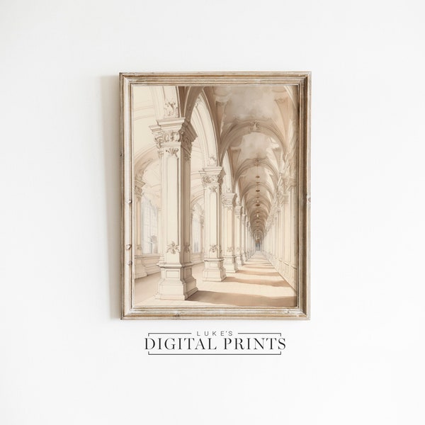 Classical Architecture Drawing PRINTABLE - Digital Art Print Download - Antique Neutral Roman Cityscape Artwork