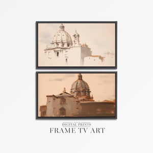 Puede incluir: Dos acuarelas enmarcadas de una iglesia con una cúpula. La pintura superior está en tonos de blanco y gris, mientras que la pintura inferior está en tonos de marrón y beige.
