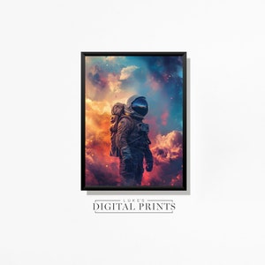 Colorful Spaceman Print - Digital Artwork Download - Astronaut Portrait Painting PRINTABLE Cloudy Outer Space Wall Art Poster