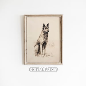 Sitting Big Dog Portrait Drawing - Digital Art Print Download - German Shepherd Sketch PRINTABLE Pet Lovers Gift Artwork
