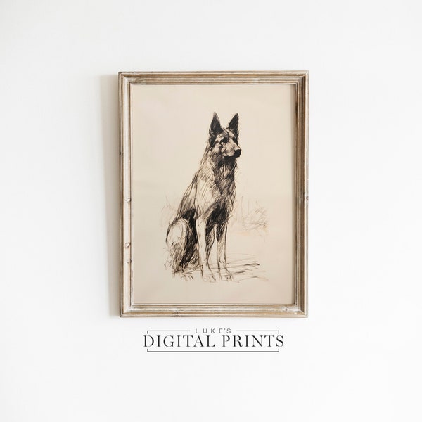 Sitting Big Dog Portrait Drawing - Digital Art Print Download - German Shepherd Sketch PRINTABLE Pet Lovers Gift Artwork