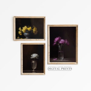 Moody Floral Still Life Art Print Set Of 3 - Digital Download Gallery - PRINTABLE Elegant Dark Flower Wall Art