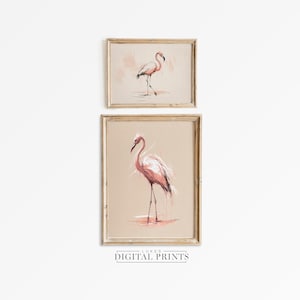 Pink Flamingo Art Print Set Of 2 - Digital Downloads - PRINTABLE Minimalist Wildlife Drawings - Rustic American Bird Portrait Sketch&#39;s