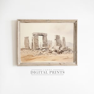 Rustic Stonehenge Art Print - Digital Download - British Landscape Painting Wall Decor PRINTABLE Ancient Historical Monument Artwork