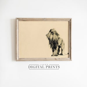 PRINTABLE Lion Artwork - Digital Download Drawing - Minimalist African Wildlife Wall Decor - Moody Big Cat Sketch Art Print