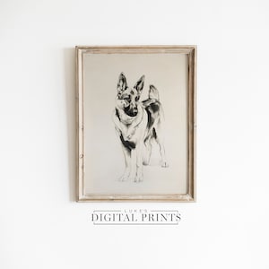 German Shepherd Minimalist Drawing - Digital Print Download - Pet Dog Portrait Artwork Decor - PRINTABLE Rustic Sketch Wall Art