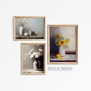 Neutral Still Life Oil Painting Set Of 3 - Digital Print Downloads - Classic Flower Wall Art PRINTABLE