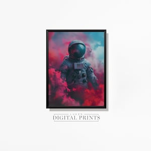 Vibrant Spaceman Portrait Poster - Digital Print Download - Pink Astronaut Painting PRINTABLE Cloudy Cosmic Space Wall Art