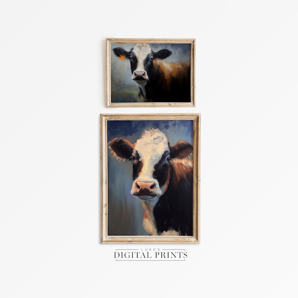 Cow Oil Painting Print Portrait Set Of 2 - Digital Art Download Bundle - Rustic Impressionist PRINTABLE Farm Animal Wall Art