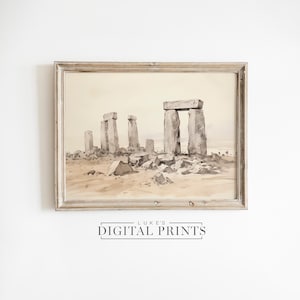Neutral Stonehenge PRINTABLE Artwork - Digital Download - Ancient English Landscape Painting Decor - Historical Landmark Art Print