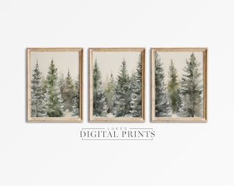 Weihnachtsbaum DRUCKBARE Wandkunst 3er Set - Digitaldruck Download - Schneebedeckter Winterwald Aquarell-Malerei-Bundle - Festive Xmas Decor
