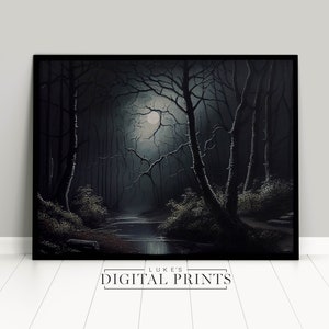 Moody Forest Oil Painting Print - Dark Vintage Moonlit PRINTABLE Wall Art - Descarga digital