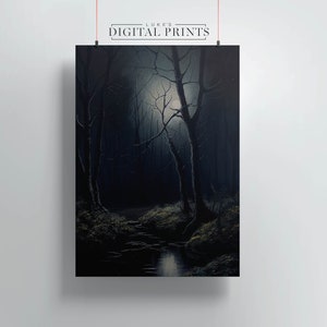 Dark Moody Forest Oil Painting Print - Moonlight PRINTABLE Wall Art - Digital Download