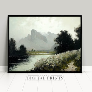 Mountain Lake Landscape - Oil Painting Digital Print -  Muted Colours Wall Decor - High Quality Download - Rustic Art Poster