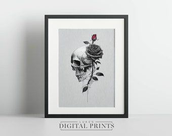 Impresión de calavera y rosa - Ilustración gótica - Descarga digital IMPRIMIBLE - Arte de pared de dibujo floral