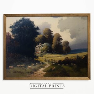 Vintage Landscape Oil Painting Print - Rustic Farmhouse With Sheep PRINTABLE Wall Art - Digital Download