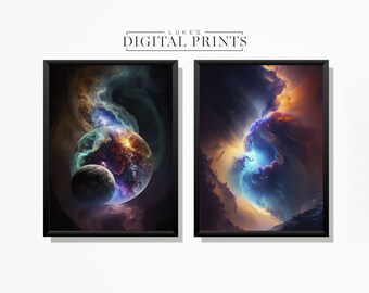 Set van twee - hedendaagse Deep Space Posters - digitale printdownloads - hoge kwaliteit universum en sterrenstelsels decor - afdrukbare muurkunst