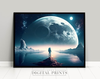Astronaut Space Print - The Moon At Night - Digital Print Download Poster - Cosmic Outer Space - High Quality Art