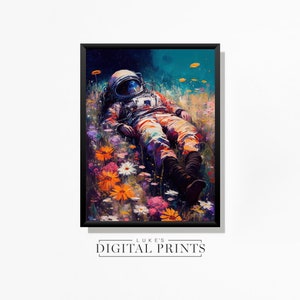 Astronaut Poster - Laying In Flowers Painting - Digital Print Download - Floral Spaceman PRINTABLE Wall Art - Colourful Sci-fi Decor