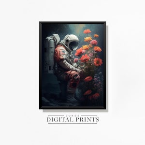 Astronaut Poster Painting - Digital Print Download - Colourful Spaceman And Flowers PRINTABLE Wall Art - Sci-fi Outer Space Decor