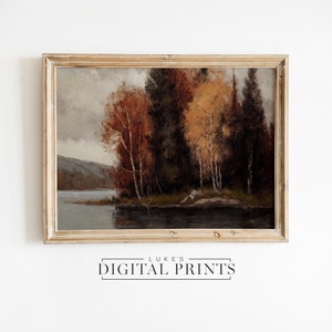 Autumn Lake Landscape Oil Painting - Digital Print Download - Vintage River Impressionist Décor - PRINTABLE Fall Pine Wall Art